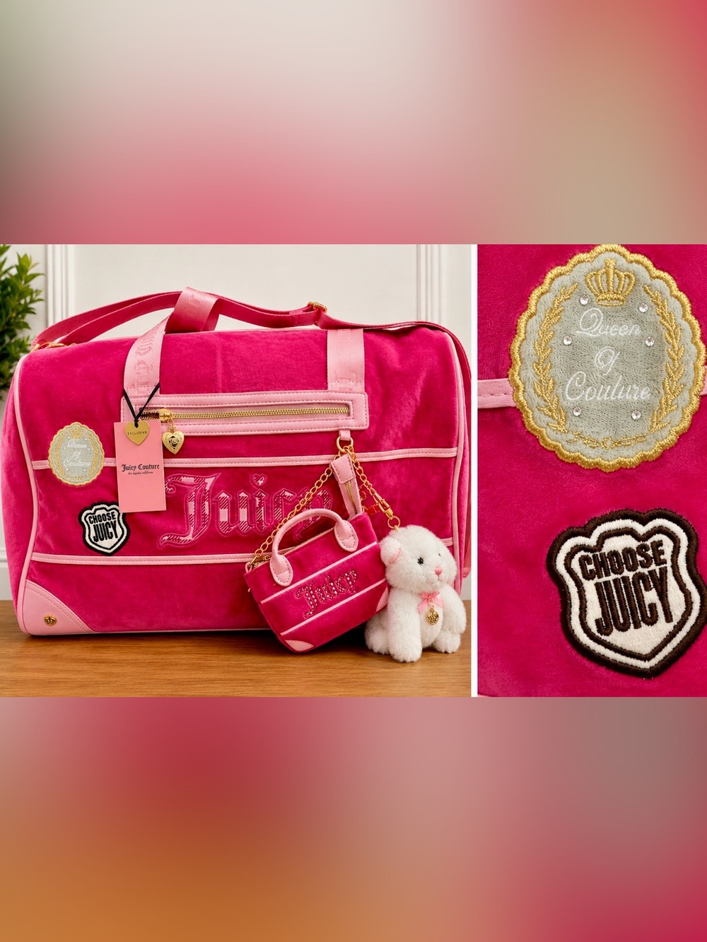 Juicy Couture Queen of Couture Pink Velour Weekender Duffel Bag & Mini Purse NWT
